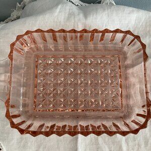 Anchor Hocking Depression Pink Glass Handled Rectangle Dish Tray Trinket Candy